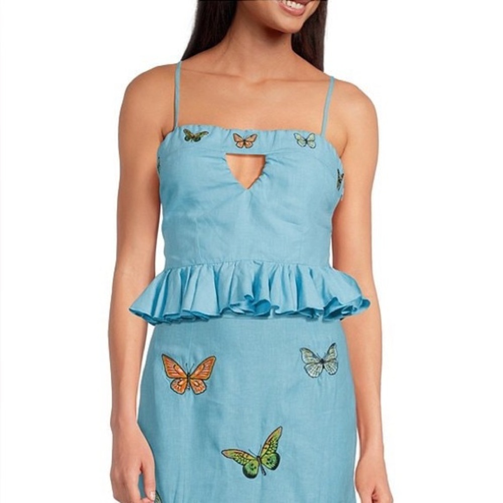 NWT Fanm Mon Marion Front Keyhole Butterfly Embroidered Peplum Top Size XS